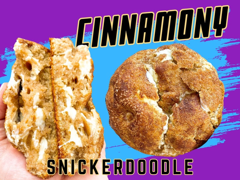 Snickerdoodles cookie, giant vanilla cinnamon cookie with white chocolate chips, and rolled in sugar and cinnamon for crispy crust.