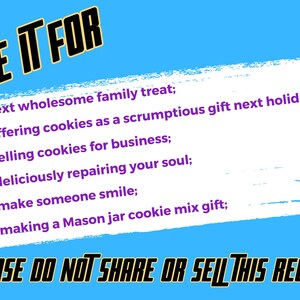 Pode incluir: Um fundo azul com as palavras "USE IT FOR" em uma fonte preta e amarela. O texto lista raz&otilde;es para usar uma receita, incluindo guloseimas familiares e presentes. O texto "PLEASE DO NOT SHARE OR SELL THIS RECIPE!" est&aacute; na parte inferior.