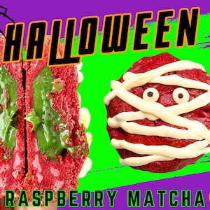 May include: Two Halloween-themed cookies. One is a red velvet cookie with green matcha frosting, and the other is a red velvet cookie decorated like a mummy with white frosting and chocolate chips for eyes. The cookies are on a green and purple background with the text "HALLOWEEN" and "RASPBERRY MATCHA".