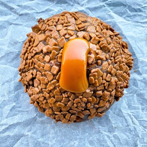 May include: A chocolate doughnut topped with chocolate sprinkles and a dollop of caramel.