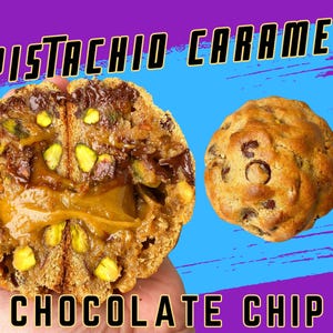 May include: Close-up of a pistachio caramel chocolate chip cookie broken in half, revealing a gooey caramel center and pistachio pieces. The cookie is held in a hand, with the text "PISTACHIO CARAMEL" and "CHOCOLATE CHIP" visible above and below the cookie.