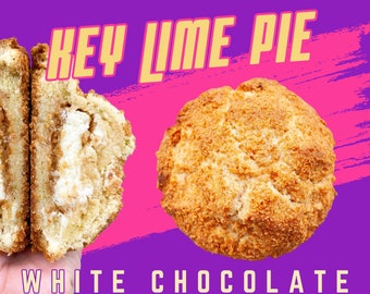 May include: A close-up of a key lime pie cookie. The cookie is split in half, revealing a white chocolate filling. The cookie is topped with a light brown crumb topping. The text "KEY LIME PIE" is written in yellow letters on a pink and purple background. The text "WHITE CHOCOLATE" is written in yellow letters on a purple background.