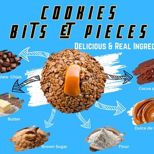 May include: A close-up of a chocolate cookie with milk chocolate chips, brown sugar, butter, flour, cocoa powder, and dulce de leche. The ingredients are arranged around the cookie with arrows pointing to the cookie. The text "COOKIES BITS ET PIECES DELICIOUS & REAL INGREDIENTS" is at the top of the image.
