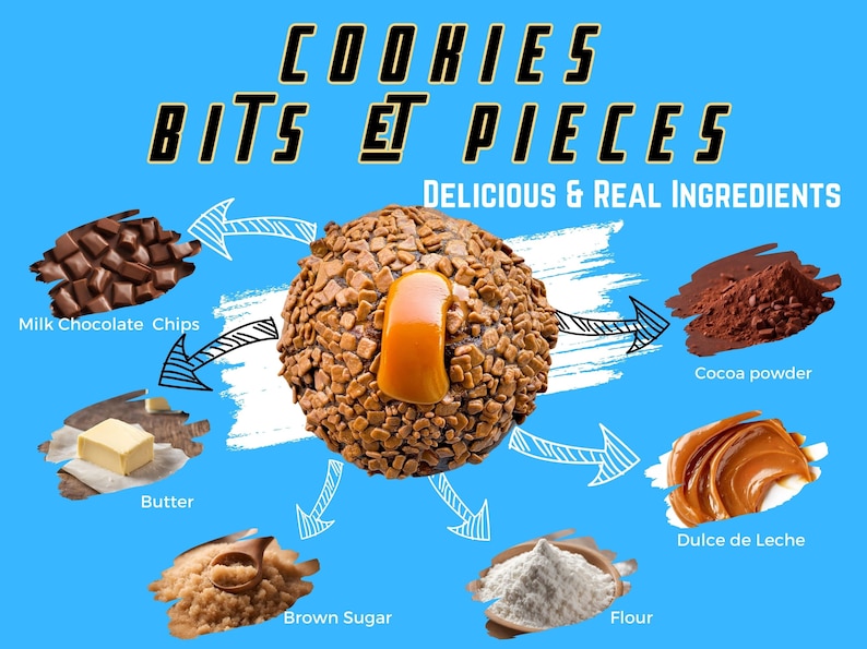 May include: A close-up of a chocolate cookie with milk chocolate chips, brown sugar, butter, flour, cocoa powder, and dulce de leche. The ingredients are arranged around the cookie with arrows pointing to the cookie. The text "COOKIES BITS ET PIECES DELICIOUS & REAL INGREDIENTS" is at the top of the image.