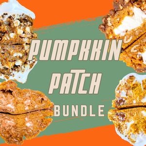 May include: Four pumpkin spice cookies with different fillings. The cookies are split in half and show the fillings inside. The fillings include chocolate, white chocolate, and caramel. The cookies are arranged in a circle around the text "Pumpkin Patch Bundle".