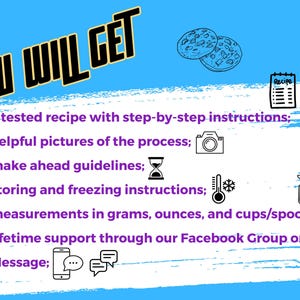 Pode incluir: Um fundo azul com o texto "YOU WILL GET" em amarelo e preto. A imagem inclui uma receita com instru&ccedil;&otilde;es passo a passo, fotos, diretrizes de prepara&ccedil;&atilde;o e medidas em gramas, on&ccedil;as e x&iacute;caras/colheres. Suporte vital&iacute;cio &eacute; oferecido.