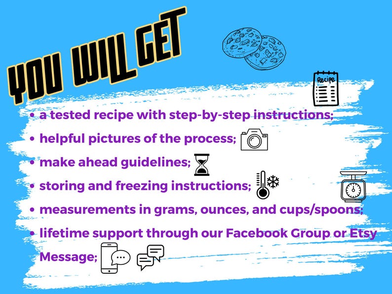Pode incluir: Um fundo azul com o texto "YOU WILL GET" em amarelo e preto. A imagem inclui uma receita com instru&ccedil;&otilde;es passo a passo, fotos, diretrizes de prepara&ccedil;&atilde;o e medidas em gramas, on&ccedil;as e x&iacute;caras/colheres. Suporte vital&iacute;cio &eacute; oferecido.