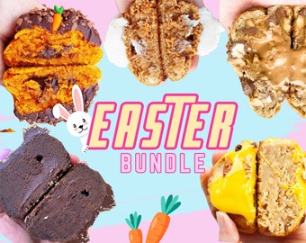 May include: A collection of five Easter-themed cookie sandwiches. The cookies are decorated with chocolate, sprinkles, and icing. The fillings include chocolate, peanut butter, and vanilla. The cookies are arranged in a circle around the text "EASTER BUNDLE".
