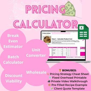 May include: A pink graphic with the words "PRICING CALCULATOR" and a laptop screen displaying a spreadsheet. Additional text includes "Break Even Estimator," "Batch Calculator," "Unit Converter," and "Discount Viability."