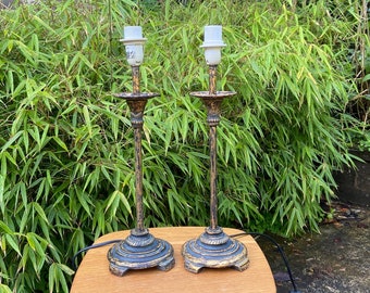 Vintage pair gold and black metal painted lamps - candlestick tall lamps, ornate table lamps, vintage lamp