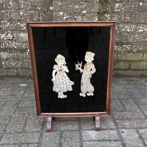 Antique 1920s Art Deco Black Lacquer Firescreen with Foil Appliqué Children, vintage fire screen