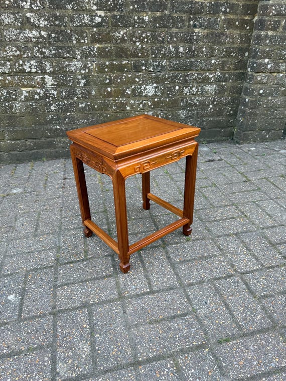Small Vintage Oriental Style Teak Side Table Table Stand - tall side table, lamp table (35cm w, 29cm d, 44cm h)