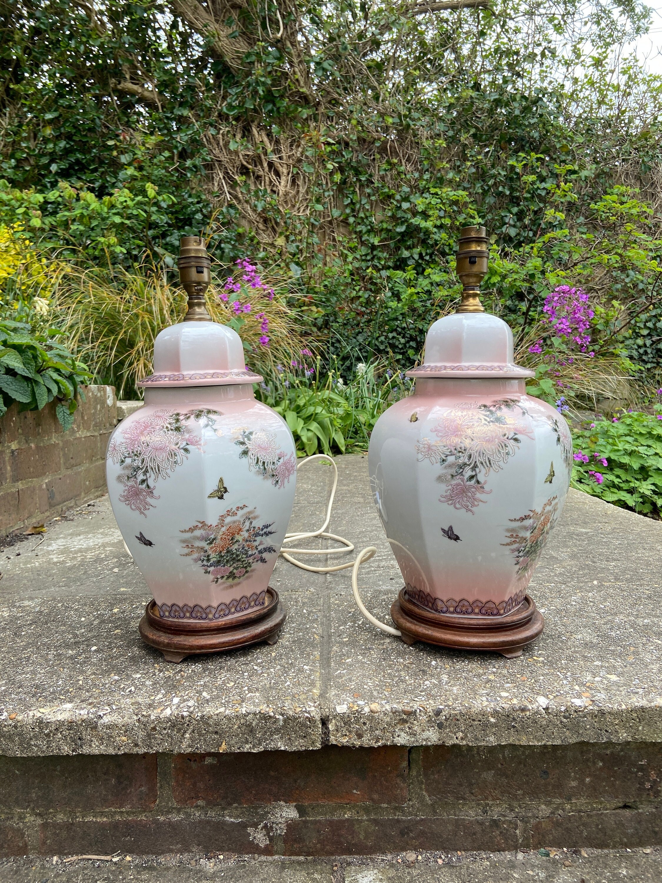 Vintage Pink Oriental Ginger Jar Lamps – Pair of Floral Table