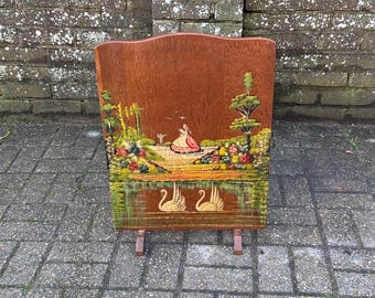 Vintage 1940s Hand Painted Wooden Firescreen with Romantic Garden Scene, fire guard