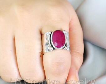 Anillo de rubí indio, joyería artesanal de plata de ley 925, anillo de banda ancha