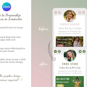 May include: A graphic showing a before-and-after comparison of a Canva design. The design features a social media profile with the name "Emma Stone" and the text "Fashion, Beauty & Lifestyle." Text highlights Canva's ease of use, including drag-and-drop image placement.