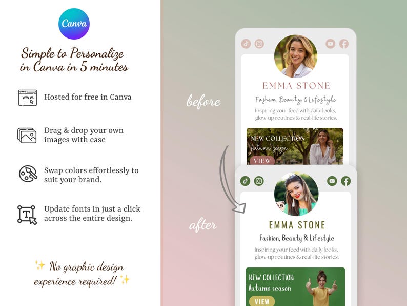 May include: A graphic showing a before-and-after comparison of a Canva design. The design features a social media profile with the name "Emma Stone" and the text "Fashion, Beauty & Lifestyle." Text highlights Canva's ease of use, including drag-and-drop image placement.