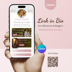 以下が含まれることがあります： 「Emma Stone」の名前と「Fashion, Beauty & Lifestyle」のテキストが表示されたソーシャルメディアのプロフィールを表示するスマートフォン。画面には「New Collection」と「New Website」のボタンが表示されています。画像には「Link in Bio」と「For influencers & bloggers」のテキストも含まれています。