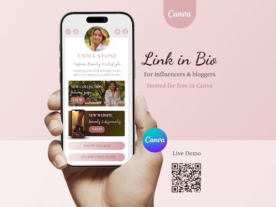 Link in Bio Template Influencers and Bloggers Editable. Linktree template Canva Landing