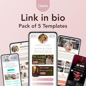 Könnte beinhalten: Werbebild mit fünf Smartphones, die verschiedene Social-Media-Vorlagen anzeigen. Der Text "Link in bio" und "Pack of 5 Templates" sind sichtbar. Die Vorlagen zeigen Inhalte zu Lifestyle, Schönheit und Business.