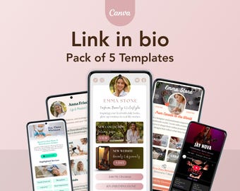 May include: A promotional image featuring five smartphones displaying various social media templates. The text "Link in bio" and "Pack of 5 Templates" are visible. The templates showcase lifestyle, beauty, and business content.