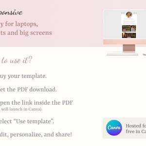 May include: A desktop computer with a light pink frame displays a template. Text on the screen reads "EMMA STONE Speaking in Style". The image also includes instructions: "Buy your template", "Get the PDF download", "Open the link inside the PDF", "Select 'Use template'", and "Edit, personalize, and share!"