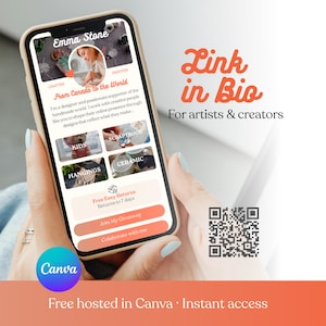May include: A smartphone displays a profile page for "Emma Stone," a crafter and painter. The screen shows a bio, links, and a QR code. Text reads "Link in Bio" and "For artists & creators."