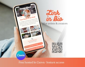 May include: A smartphone displays a profile page for "Emma Stone," a crafter and painter. The screen shows a bio, links, and a QR code. Text reads "Link in Bio" and "For artists & creators."