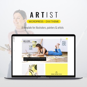 以下が含まれることがあります： アーティスト向けのウェブサイトを表示しているラップトップコンピューター。ウェブサイトは黄色と黒の配色で、床で絵を描いている女性の画像が掲載されています。ウェブサイトには「WELCOME」と「ORIGINAL PAINTINGS FOR SALE」のテキストが表示されています。