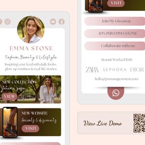 May include: A digital display showcasing a lifestyle brand's profile. The profile features a photo of a woman, the name "EMMA STONE", and the tagline "Fashion, Beauty & Lifestyle." It includes links to a new collection, website, and a giveaway.