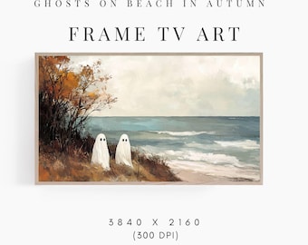 Rahmen TV Art Halloween Geister Malerei, Herbst Samsung Rahmen TV Kunst, Halloween süße Geister am Strand, Halloween Rahmen TV Art Herbst Dekor