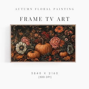Arte para TV com moldura temática de outono, arte floral vintage para a Samsung Frame, obra de arte para TV com moldura de abóbora de outono, pintura de flores escuras de outono 16:9