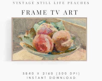 Vintage FRAME TV art Fruit Bowl of Peaches, Still Life Painting for Samsung Frame TV, Original Art, Summer Frame Tv art, Cottage Home Decor