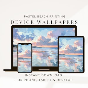 May include: A digital art image of a pastel beach painting displayed on a laptop, tablet, and smartphone. The devices show a colorful sky and ocean scene. Text reads "PASTEL BEACH PAINTING DEVICE WALLPAPERS" and "INSTANT DOWNLOAD FOR PHONE, TABLET & DESKTOP."