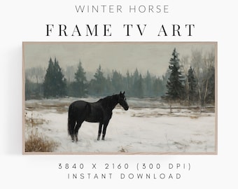 Cornice TV Art Cavallo invernale nella neve, dipinto di vacanza in campagna, salvaschermo scaricabile, decorazioni natalizie