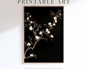 Japanese Wall Art, Printable Japanese Blossom Art, Vintage Moody Floral Print Digital Downloadable