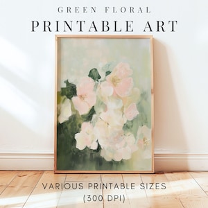Sage Green Wall Art, PRINTABLE Wall Art Sage Green Pastel Pink Flowers Painting, Floral Wall Art, Pastel Flowers Digital Downloadable Art, Botanical Art