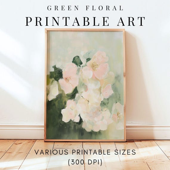 Sage Green Wall Art, Printable Spring Wall Art, Pastel Pink Flowers Painting, Floral Digital Downloadable Art