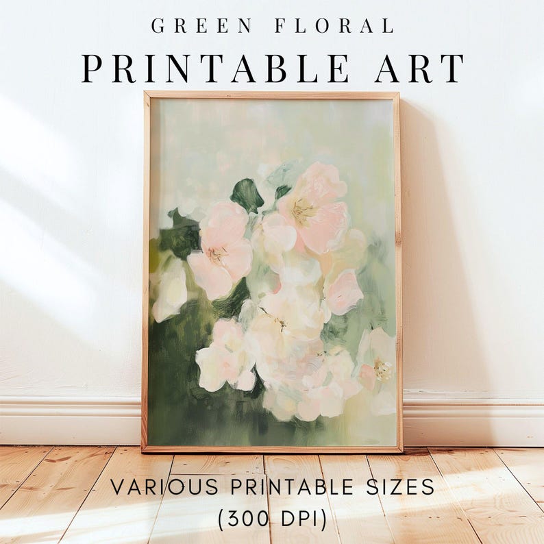 Sage Green Wall Art, PRINTABLE Wall Art Sage Green Pastel Pink Flowers Painting, Floral Wall Art, Pastel Flowers Digital Downloadable Art, Botanical Art