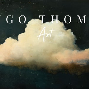 Puede incluir: Una pintura de una gran nube blanca y esponjosa contra un cielo azul oscuro. El texto "Hugo Thomas Art" est&aacute; escrito en blanco en la parte superior de la imagen.