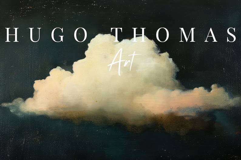 Puede incluir: Una pintura de una gran nube blanca y esponjosa contra un cielo azul oscuro. El texto "Hugo Thomas Art" est&aacute; escrito en blanco en la parte superior de la imagen.