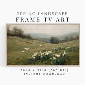 Frame TV Art Spring Landscape with Daffodil Flowers and Sheep, Vintage Painting for the Samsung Frame, Digital Downloadable