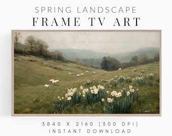 Frame TV Art Spring Landscape with Daffodil Flowers and Sheep, Vintage Painting for the Samsung Frame, Digital Downloadable