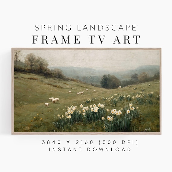 Frame TV Art Spring Landscape with Daffodil Flowers and Sheep, Vintage Painting for the Samsung Frame, Digital Downloadable