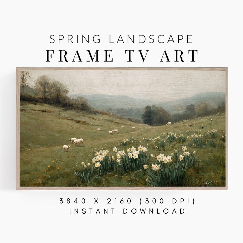 Frame TV Art Spring Landscape with Daffodil Flowers and Sheep, Vintage Painting for the Samsung Frame, Digital Downloadable
