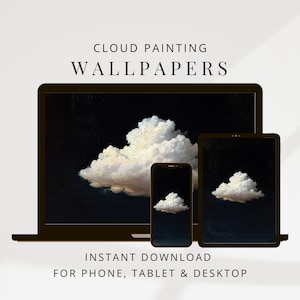 May include: A digital art display featuring a cloud painting wallpaper on a laptop, tablet, and smartphone. The devices showcase a fluffy white cloud against a dark background. Text reads "Cloud Painting Wallpapers" and "Instant Download for Phone, Tablet & Desktop."