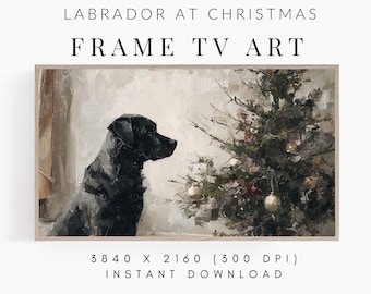 May include: A framed digital art print featuring a black Labrador dog next to a decorated Christmas tree. The artwork has a vintage, painterly style with neutral tones. The text at the top reads "LABRADOR AT CHRISTMAS FRAME TV ART".
