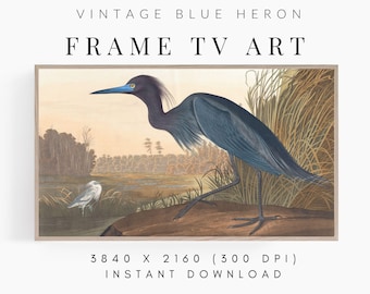 Cornice TV Arte Vintage Blue Crane Painting Arte originale per la Samsung Frame TV, pittura di uccelli vintage Arte scaricabile