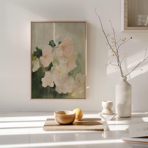 Sage Green Wall Art, PRINTABLE Wall Art Sage Green Pastel Pink Flowers Painting, Floral Wall Art, Pastel Flowers Digital Downloadable Art