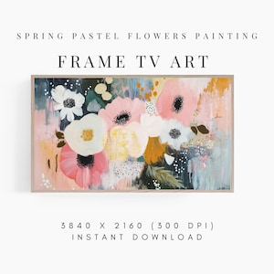 May include: A digital painting of pastel pink, white, and yellow flowers in a bouquet. The painting has a textured background with a light blue, pink, and white color scheme. The text "SPRING PASTEL FLOWERS PAINTING FRAME TV ART" is at the top of the image. The text "3840 X 2160 (300 DPI) INSTANT DOWNLOAD" is at the bottom of the image.